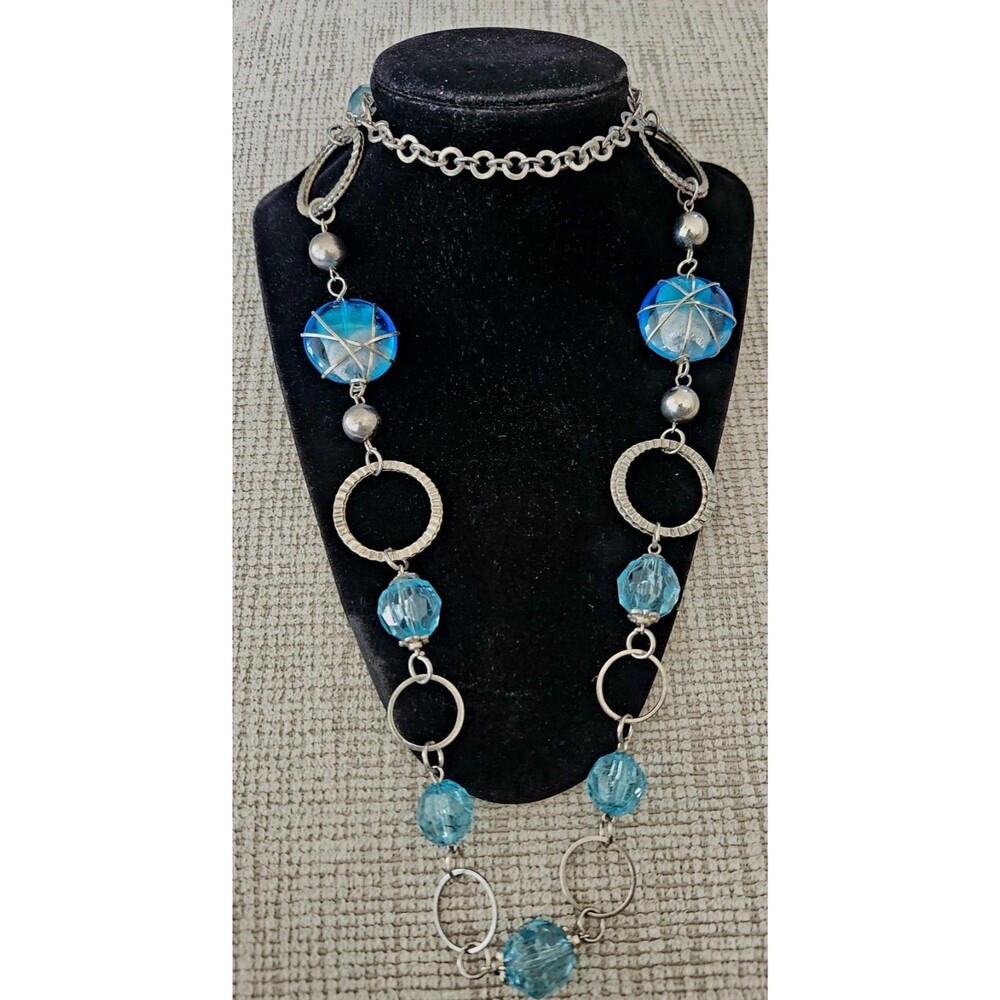 Vtg  Style Blue Beaded Statement Necklace Wire Caged Glass Acrylic Long Endless